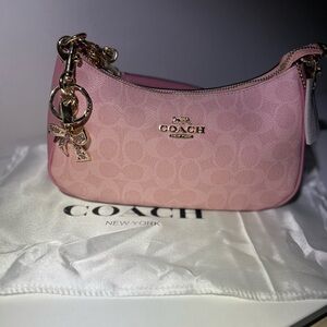 Coach Pink Signature Jacquard Mini Shoulder Bag with Gold Hardware